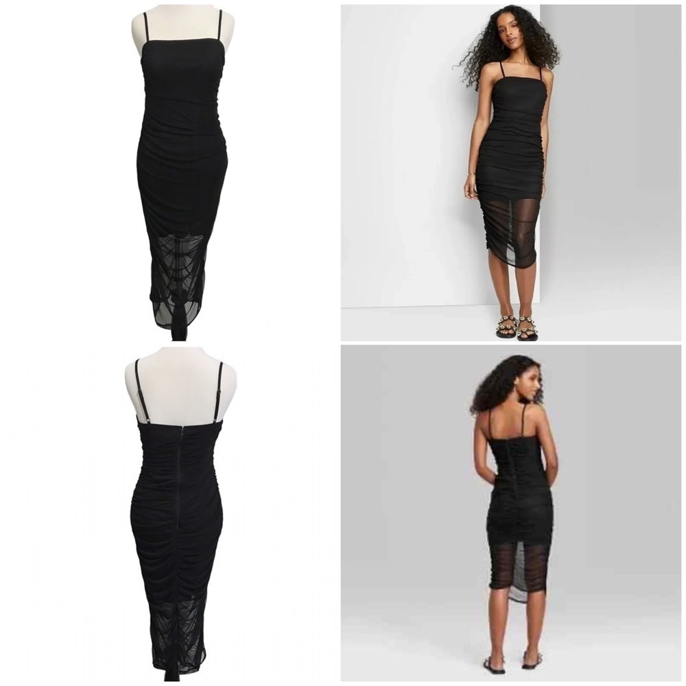 Wild Fable Ruched Mesh Midi Dress Stretch Black Medium Spaghetti Straps